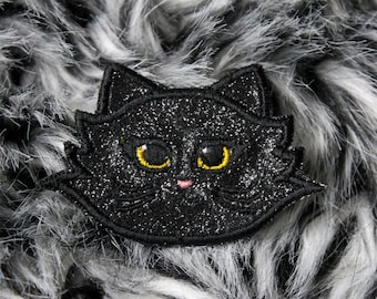 Badge MRAOW brooch cat head fabric black sequins embroidered face yellow eyes nose pink snout black whiskers made in France