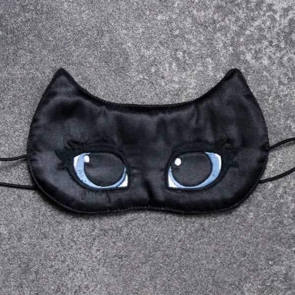 CAT'S EYES masque repos nuit satin noir brodé yeux chat bleu ardoise molleton coton 2 épaisseurs doublé satin élastique noir made in France