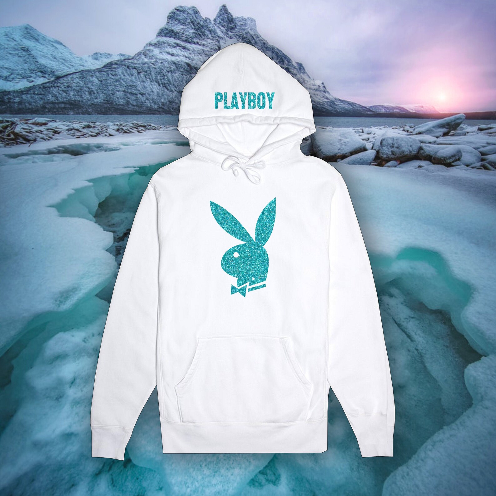 Playboy White Hoodie W/ Blue Glitter Texture Playboy hoodie Etsy