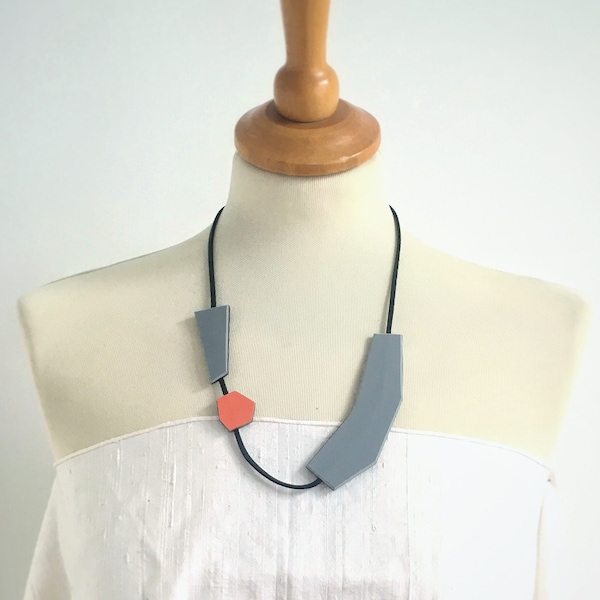 Abstract Geometric Architects Necklace Gray and Orange, Suprematism Funky Collier for Her, Minimalist Eco Friendly Gift for Conscious