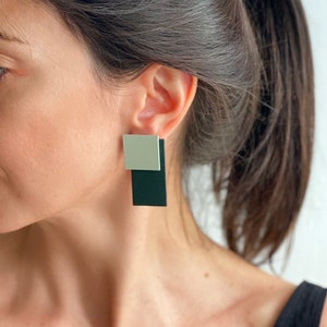 Green geometric earrings, minimalist rectangle architectural earrings, eccentric dangles for artist, modernist linoleum earrings