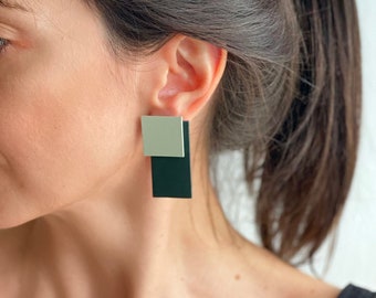 Green geometric earrings, minimalist rectangle architectural earrings, eccentric dangles for artist, modernist linoleum earrings