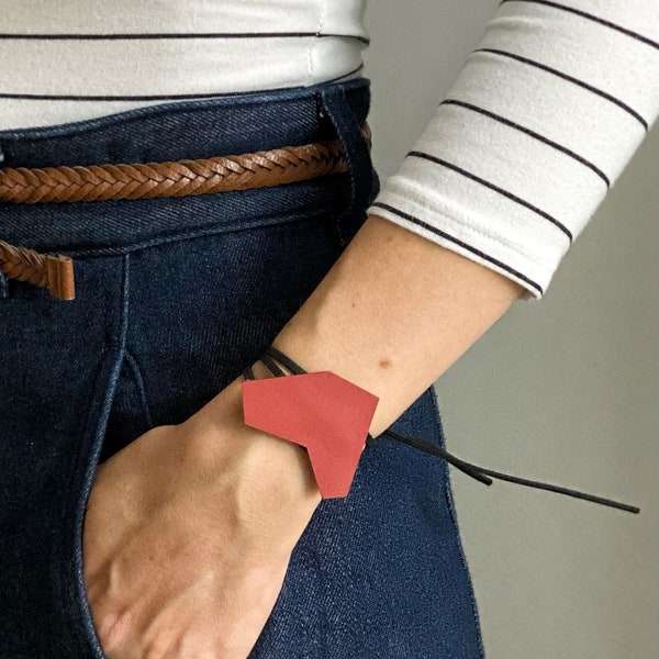 Red Geometric Heart Bracelet: Abstract Linoleum Statement Jewelry