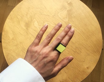 Neon green futuristic statement ring, edgy oversized band for her, chunky black and green square ring, abstract geometric jewelry