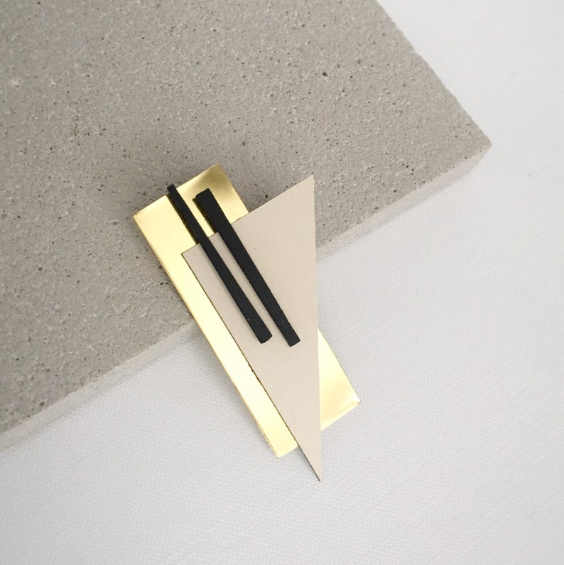 Black and white art deco brooch, golden geometric brooch for artists, minimalist modern shawl brooch bauhaus inspired, gift for architect image 9