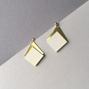 Geometric Pearl Drop Earrings: Gold Brass & Linoleum Dangles