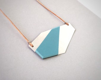 Turquoise geometric necklace with leather strap, silver minimalist abstract bib, light blue triangle necklace on silver hexagon pendant