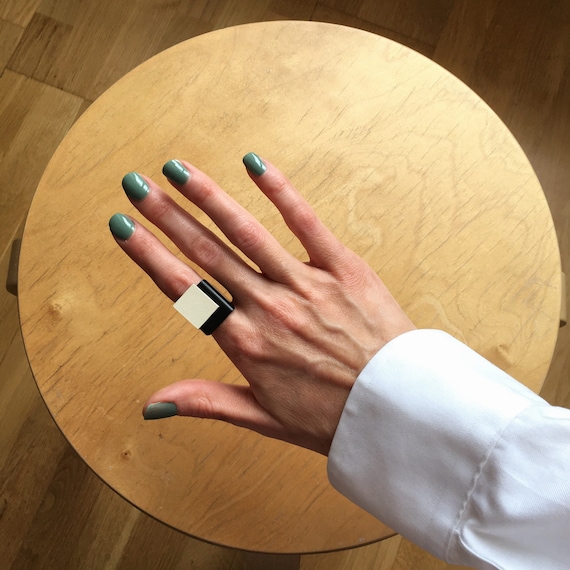Modern Wooden Ring Statement Wooden Ring For Her Geometric Triangle Ring Black And White Large Ring Adjustable Size Gift For Architect