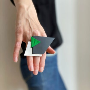 Big ring, large emerald green black and silver ring, geometric statement punk ring, eccentric, black oversized futuristic ring