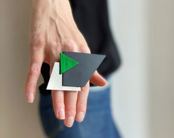 Oversized Geometric Ring: Emerald Green, Black & Silver, Adjustable Band