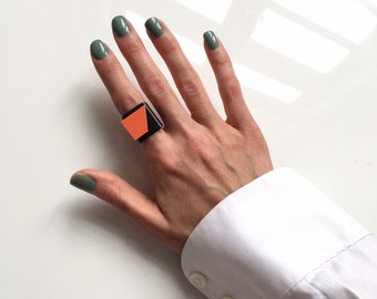Orange bauhaus statement ring, minimalist artsy wide band, colourful geometric ring for architect, futuristic blade runner ring for her