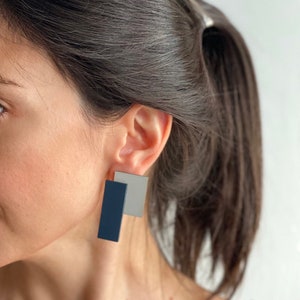 Blue long rectangle earrings, light blue geometric earrings for architects, modernist black and white statement earrings image 3