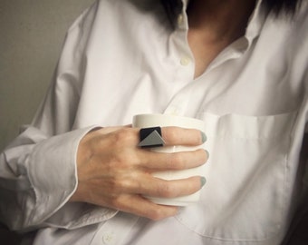 Gray triangle oversized statement ring, black wide geometric band for her, extravagant bauhaus ring for artist, architectural ring