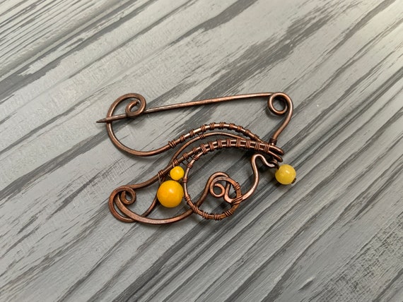 Elven Brooch,shawl Pin,scarf Pin,sweater Brooch, Knitting Accessoriesshawl  Pin Copper Wire Wrapped Cooper Brooch Scarf or Hand Forged Fibula 