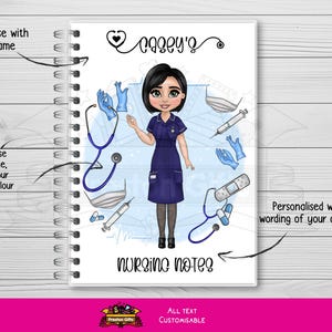 May include: A spiral-bound notebook featuring a cartoon nurse surrounded by medical equipment. The notebook has the text "Nursing Notes" and offers personalisation options. Includes a stethoscope, syringe, and face mask.