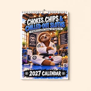 May include: A 2027 wall calendar titled Chokes, Chips & Chilled-Out Sloths: 12 Months of Laziness, Leverage, and Tapping Out. The cover features a brown sloth wearing a white jiu-jitsu gi with a black belt, sitting in a gym with a bag of chips.