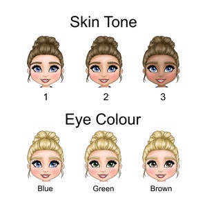 Puede incluir: Una ilustraci&oacute;n digital que muestra opciones de personalizaci&oacute;n. La secci&oacute;n superior etiquetada como Skin Tone muestra tres cabezas de dibujos animados con cabello casta&ntilde;o en mo&ntilde;o y tonos de piel variados numerados 1, 2 y 3. La secci&oacute;n inferior etiquetada como Eye Colour muestra tres cabezas con cabello rubio en mo&ntilde;o y ojos azules, verdes o marrones.