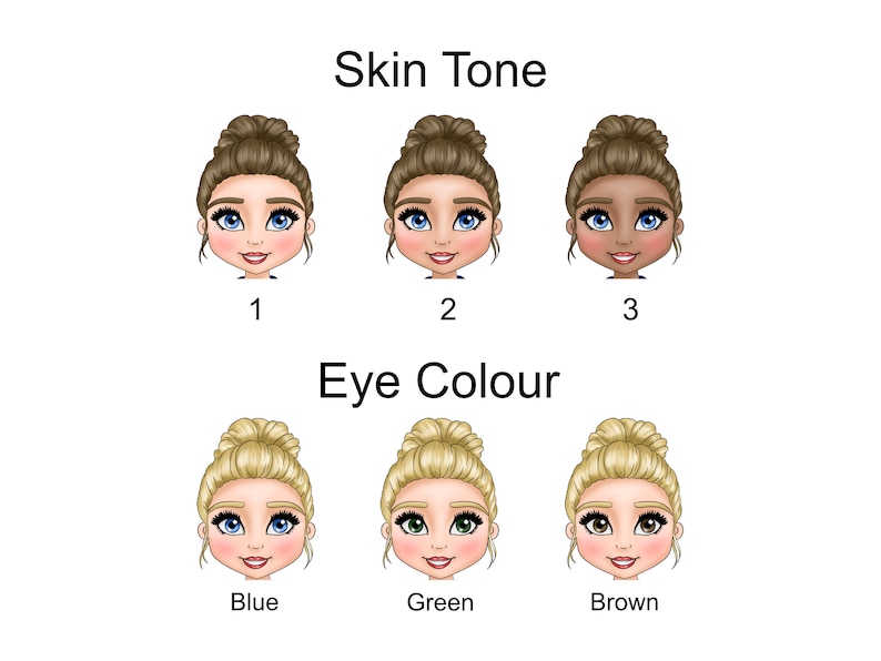 Puede incluir: Una ilustraci&oacute;n digital que muestra opciones de personalizaci&oacute;n. La secci&oacute;n superior etiquetada como Skin Tone muestra tres cabezas de dibujos animados con cabello casta&ntilde;o en mo&ntilde;o y tonos de piel variados numerados 1, 2 y 3. La secci&oacute;n inferior etiquetada como Eye Colour muestra tres cabezas con cabello rubio en mo&ntilde;o y ojos azules, verdes o marrones.