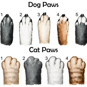 May include: A comparison of dog paws and cat paws. The image shows five different dog paws, each with a different color and pattern. The image also shows four different cat paws, each with a different color and pattern.