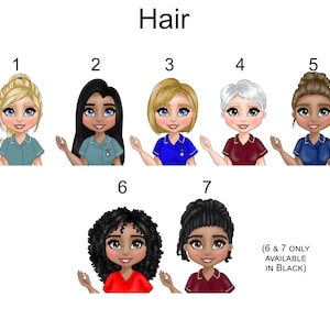 Puede incluir: Una ilustraci&oacute;n digital titulada Hair que muestra siete personajes de dibujos animados numerados con diversos peinados y uniformes m&eacute;dicos de colores. El texto en la parte inferior derecha dice 6 & 7 ONLY AVAILABLE IN BLACK.