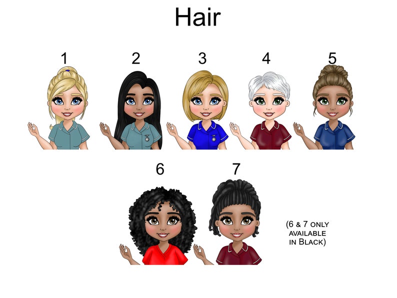 Puede incluir: Una ilustraci&oacute;n digital titulada Hair que muestra siete personajes de dibujos animados numerados con diversos peinados y uniformes m&eacute;dicos de colores. El texto en la parte inferior derecha dice 6 & 7 ONLY AVAILABLE IN BLACK.