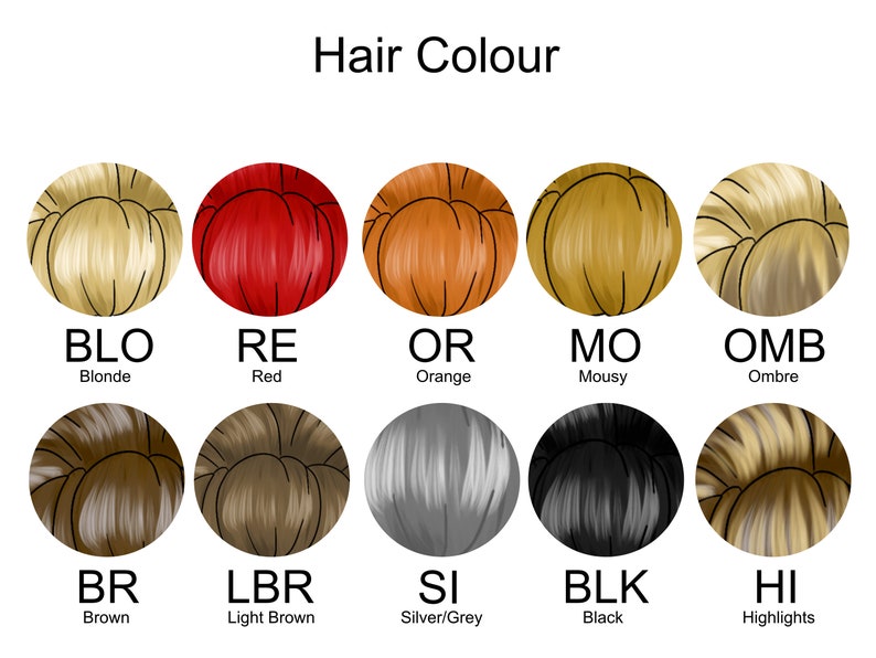 Puede incluir: Una tabla titulada Hair Colour que muestra diez ilustraciones circulares de varios estilos y tonos de cabello. Cada c&iacute;rculo est&aacute; etiquetado con un c&oacute;digo de dos letras y el nombre del color correspondiente: Blonde, Red, Orange, Mousy, Ombre, Brown, Light Brown, Silver/Grey, Black y Highlights.
