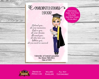 Puede incluir: Una tarjeta de graduación rosa y blanca con una ilustración de dibujos animados de una mujer con un gorro de graduación y una bata sosteniendo un bebé. La tarjeta dice "Felicidades Louise" y "University of Central Lancashire Bsc (Hons) Midwifery Class of 2024".