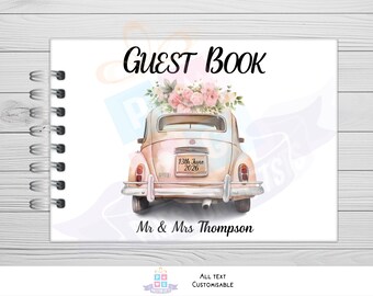 Libro de firmas personalizado para bodas en coche antiguo, libro de firmas para novios tamaño A5, libro de recuerdos de boda personalizado, regalo de compromiso, regalo de boda,