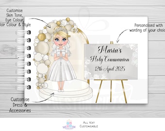 Puede incluir: Un diseño ilustrado blanco y dorado para una celebración de la Primera Comunión. Una niña con un vestido blanco se encuentra en una plataforma con un caballete dorado detrás de ella. El caballete tiene un letrero que dice "Maria's Holy Communion 12th April 2025".