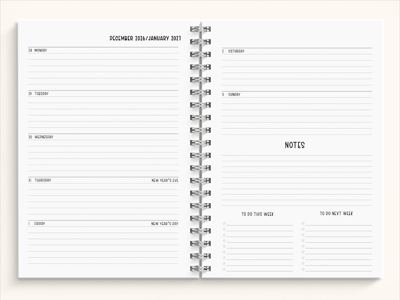 Puede incluir: Una agenda semanal de espiral abierta en una p&aacute;gina doble que muestra diciembre de 2026 y enero de 2027. Las p&aacute;ginas incluyen secciones rayadas para los d&iacute;as de lunes a viernes a la izquierda, y s&aacute;bado, domingo, notas y listas a la derecha.