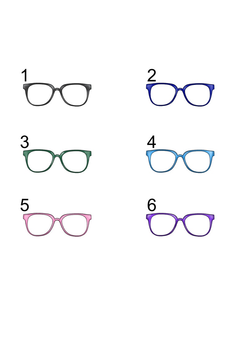 Puede incluir: Una ilustraci&oacute;n digital que muestra seis pares de gafas dispuestos en dos columnas, numerados del uno al seis. Las monturas aparecen en negro, azul oscuro, verde, azul claro, rosa y morado, cada una con una forma rectangular redondeada.