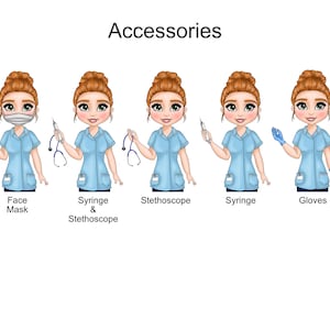 Puede incluir: Una ilustraci&oacute;n digital titulada Accessories que muestra cinco figuras de dibujos animados con cabello casta&ntilde;o rojizo en mo&ntilde;os y uniformes azul claro. Las figuras muestran varios art&iacute;culos m&eacute;dicos: mascarilla, jeringa y estetoscopio, estetoscopio, jeringa y guantes azules.