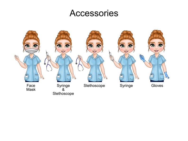 Puede incluir: Una ilustraci&oacute;n digital titulada Accessories que muestra cinco figuras de dibujos animados con cabello casta&ntilde;o rojizo en mo&ntilde;os y uniformes azul claro. Las figuras muestran varios art&iacute;culos m&eacute;dicos: mascarilla, jeringa y estetoscopio, estetoscopio, jeringa y guantes azules.
