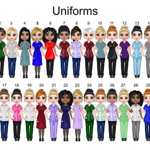 Puede incluir: Una ilustraci&oacute;n digital titulada Uniforms que muestra treinta personajes de dibujos animados dispuestos en dos filas. Cada personaje viste una combinaci&oacute;n diferente de casaca y pantal&oacute;n o falda, mostrando varios peinados y tonos de piel.