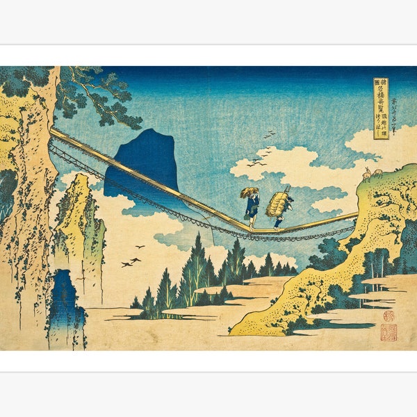 The Suspension Bridge on the Border of Hida and Etchū Provinces Canvas Print | Katsushika Hokusai Poster | Vintage Japanese Art