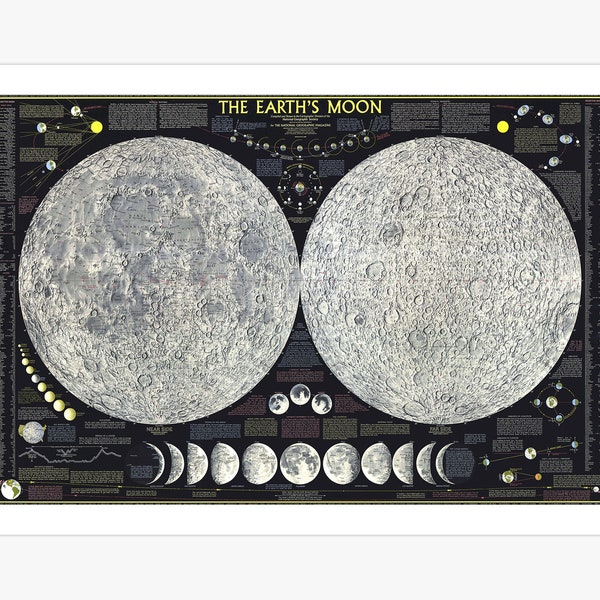 Vintage 1969 Map Of The Earth's Moon Canvas Print | National Geographic Poster| Retro Space Art | Hemisphere Moon Map