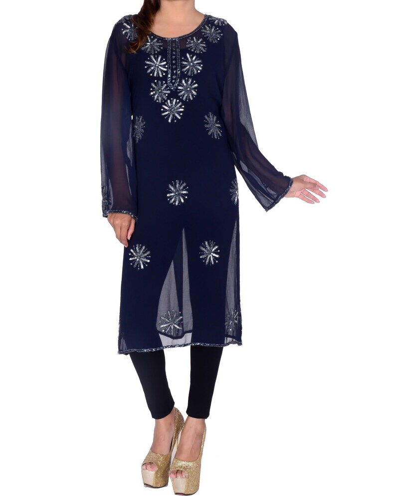 Indian Handmade beaded kurta Kurti Designer Blue Top Tunic