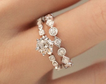 Geometric ring set / moissanite engagement ring set / vintage wedding ring set / white gold promise ring set /custom bridal ring set for her