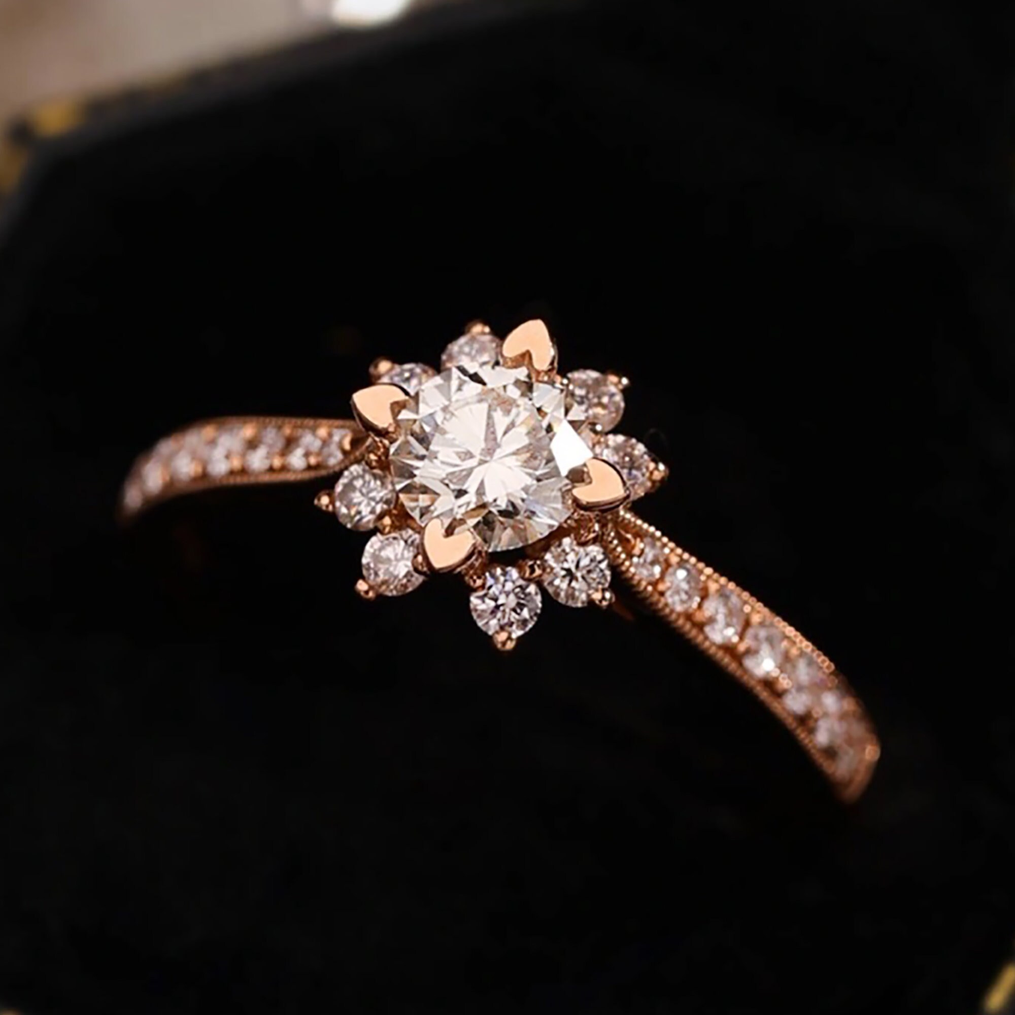 Sunflower Rose Gold Ring / Sunflower Moissanite Wedding Ring / Etsy
