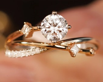 Branch ring / moissanite verlovingsring / massief gouden trouwring / vintage gele gouden ring / sierlijke belofte ring voor haar / aangepaste ring