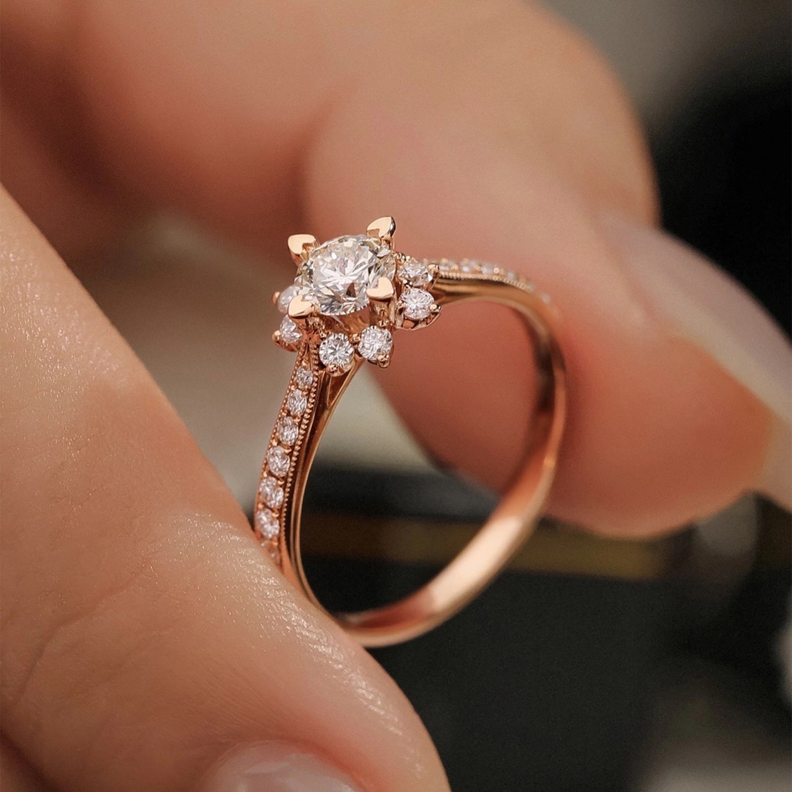 Sunflower Rose Gold Ring / Sunflower Moissanite Wedding Ring / Etsy