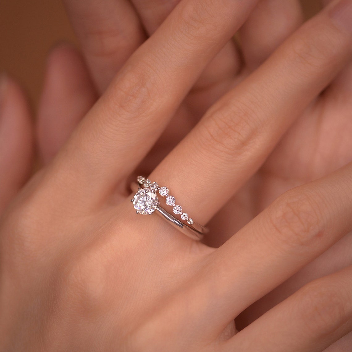 Moissanite ring set / custom solid gold ring set / round cut Etsy
