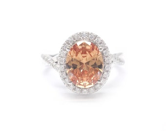 Oval orange sapphire gemstone ring / solid white gold orange stone ring / minimalist halo moissanite gold ring / delicate orange jewelry