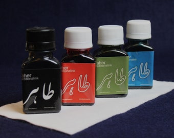 Taher traditional ink for Arabic calligraphy, ink for dip pen calligraphy - black, red, olive green, teal