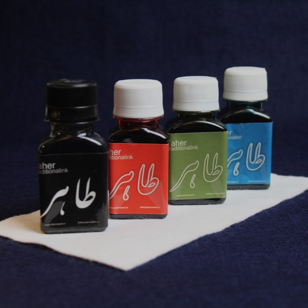 Taher traditional ink for Arabic calligraphy, ink for dip pen calligraphy - black, red, olive green, teal