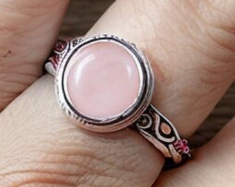 Bague en argent quartz rose naturel, argent sterling 925, bague en pierre précieuse ronde, bague de créateur, bague en pierre précieuse