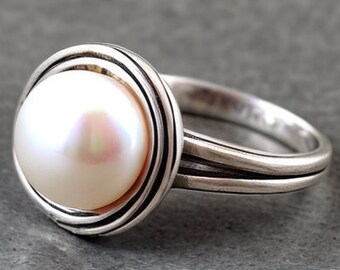 Pearl Ring, 925 Sterling Silver Ring, Round Pearl Ring, Freshwater Pearl Ring, Ring for Women, Handmade Silver Ring, Boho Ring, Gift for Her