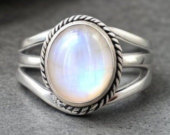 Bague en pierre de lune arc-en-ciel, bague en pierre de naissance, bague du zodiaque, bague en argent sterling 925, bague faite à la main