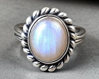 Anillo de piedra lunar natural, anillo de plata de ley sólida 925, anillo de plata de piedra lunar, anillo de plata de ley, anillo de piedra