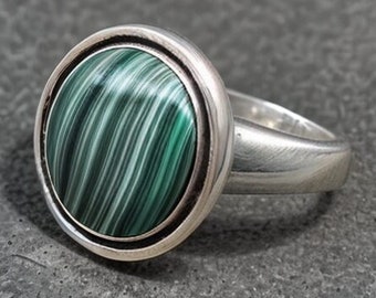 Malachit-Silberring, 925er Sterlingsilber, runder Edelsteinring, Designer-Ring, handgefertigter Edelsteinring, handgefertigter Ring
